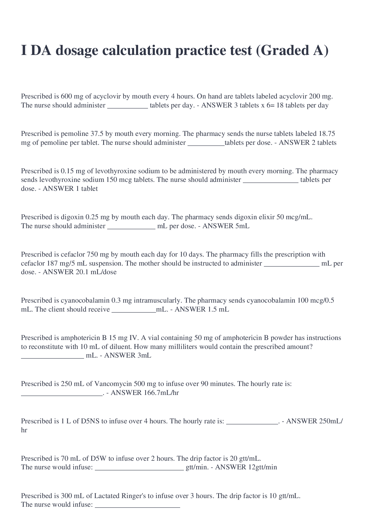 Preview image of I DA dosage calculation practice test (Graded A) document